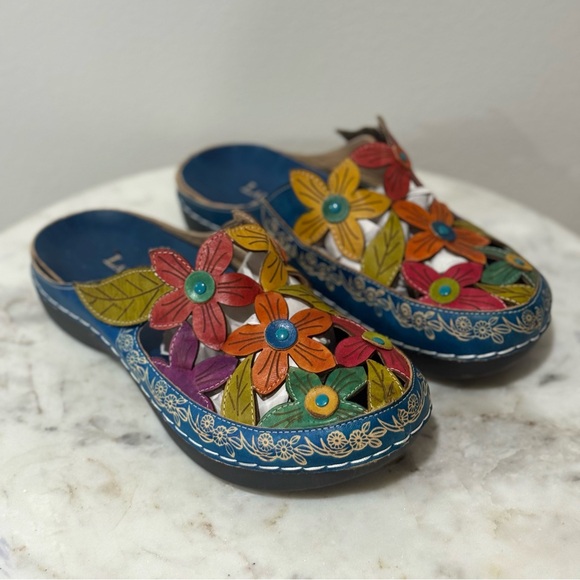 Laura Vita Mules Billy 52 Turquoise Leather Shoes Floral Size 9 Women’s - Picture 8 of 12
